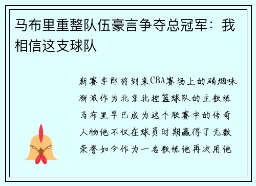马布里重整队伍豪言争夺总冠军：我相信这支球队