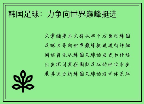 韩国足球：力争向世界巅峰挺进