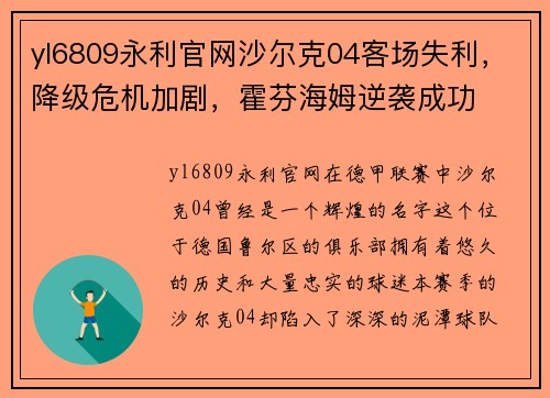 yl6809永利官网沙尔克04客场失利，降级危机加剧，霍芬海姆逆袭成功